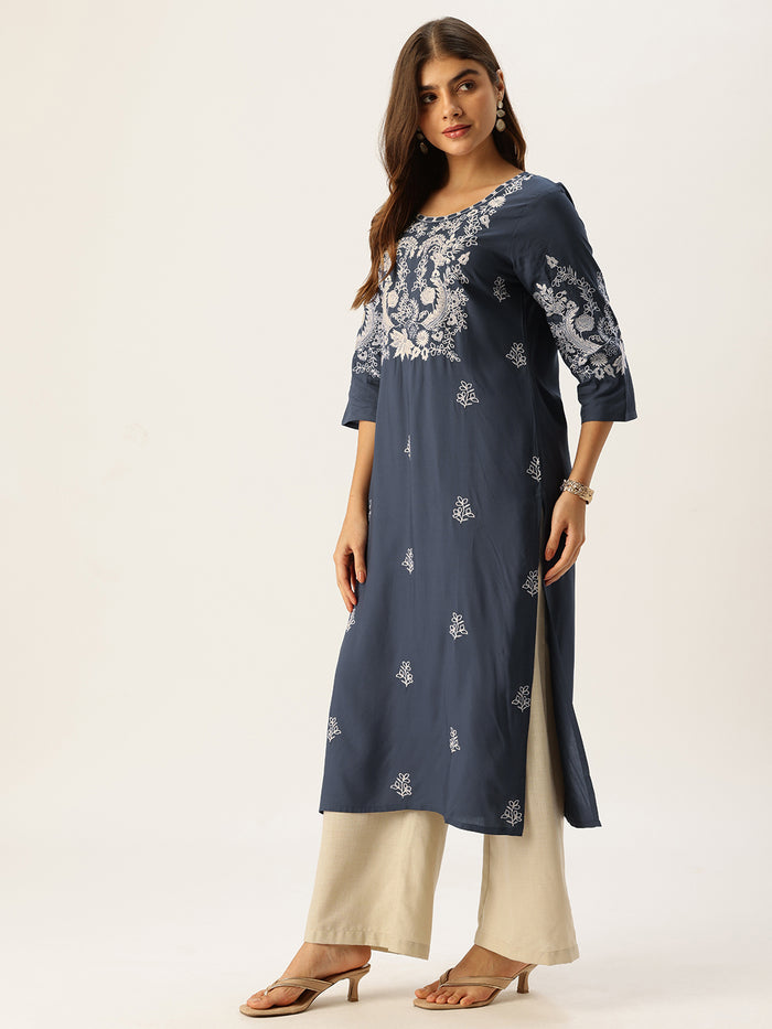 Blue Floral Embroidered Straight Kurta