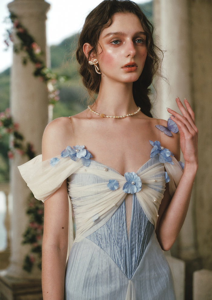 Close-up of Lacemade blue 3D floral tulle corset dress - intricate petal details