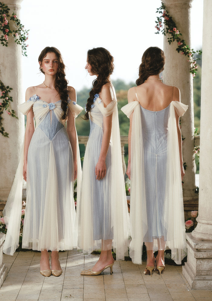 Lacemade "Blue Iris Bird" layered tulle dress - front, side and back view
