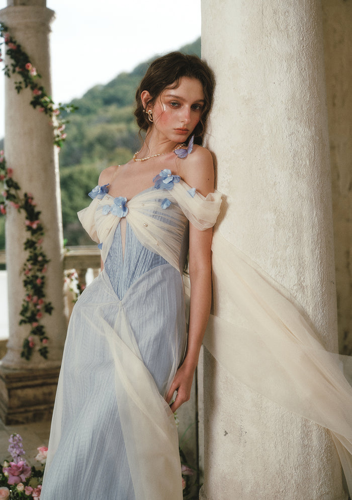Lacemade "Blue Iris Bird" blue 3D floral dress - whimsical tulle dress