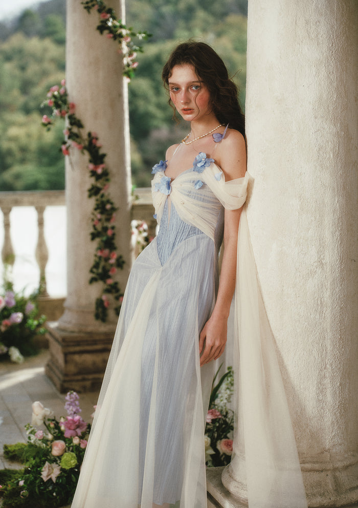 Lacemade ethereal blue layered tulle dress for engagement party or tea party