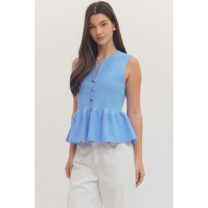 Blue Sleeveless Button Front Peplum Top - 1151