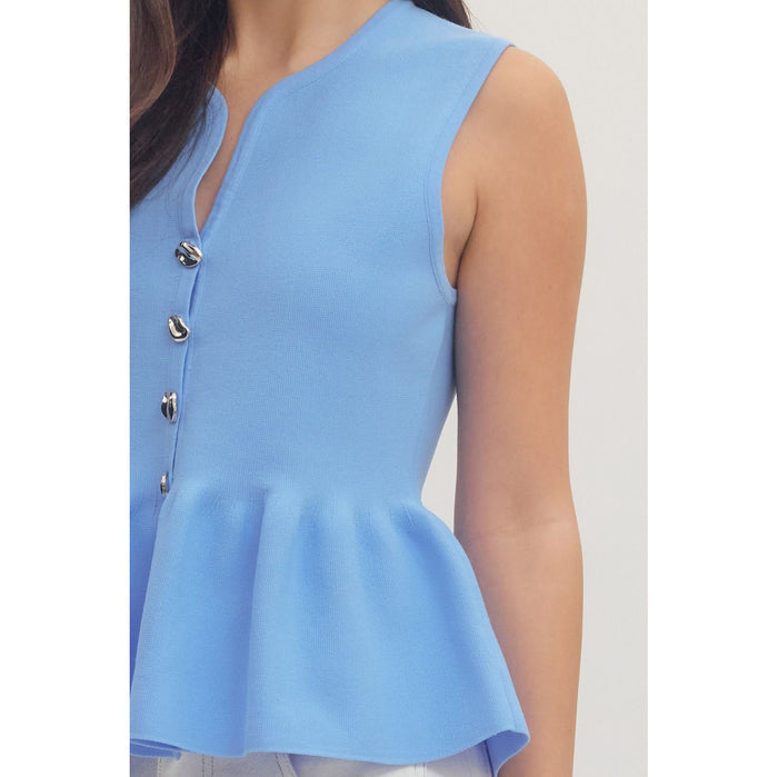 Blue Sleeveless Button Front Peplum Top - 1151