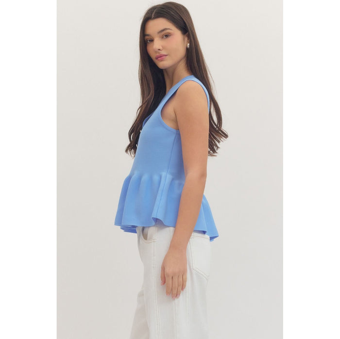 Blue Sleeveless Button Front Peplum Top - 1151