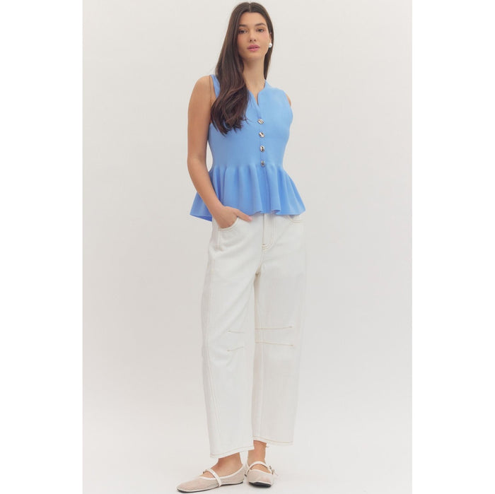 Blue Sleeveless Button Front Peplum Top - 1151