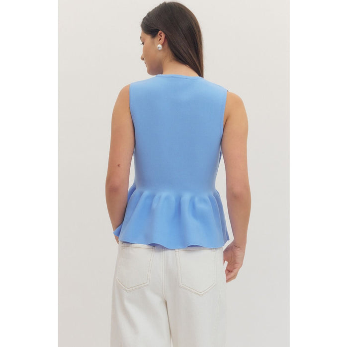 Blue Sleeveless Button Front Peplum Top - 1151