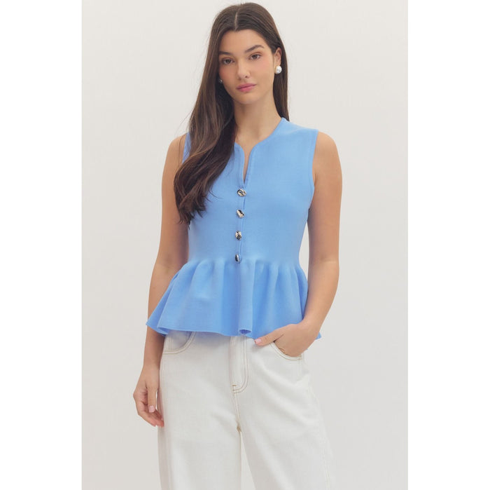 Blue Sleeveless Button Front Peplum Top - 1151