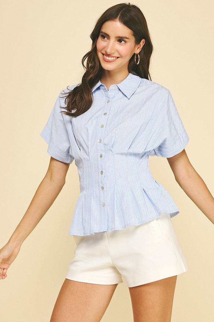 Blue Stripe, Button Down Top with Waistline Detail 6189