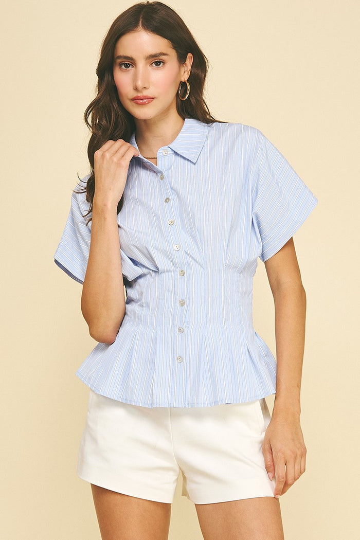 Blue Stripe, Button Down Top with Waistline Detail 6189