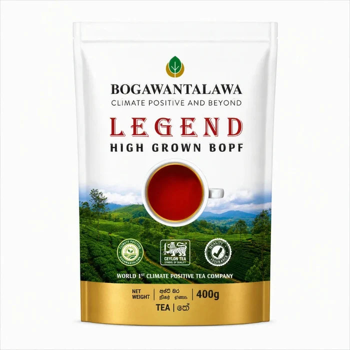 A 400g stand-up pouch of Bogawantalawa Legend High Grown Bopf tea, featuring a white background with green tea plantation imagery, a cup of red tea in the center, and a gold band at the bottom.