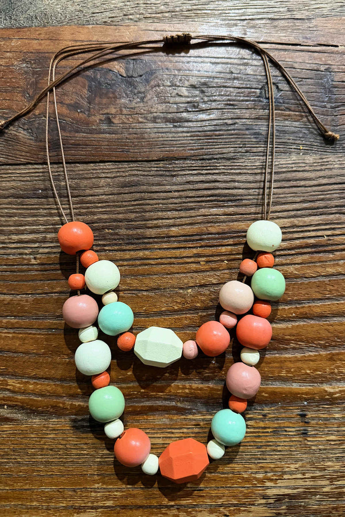 Boho multicolour adjustable wooden bead necklace with natural wood beads and vibrant color accents, stylish and lightweight accessory.