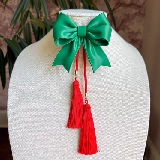 Bolo Ribbon Bow Forest Green with Red & Red
