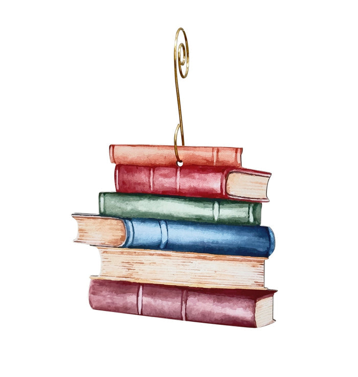 Books ornament — laser-cut wood stacked books Christmas ornament, made in USA