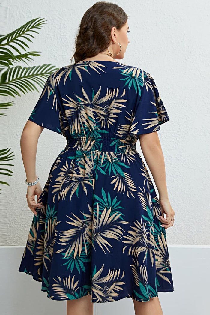 Botanical Print Flutter Sleeve Smocked Waist Dress - Madikfashions.com