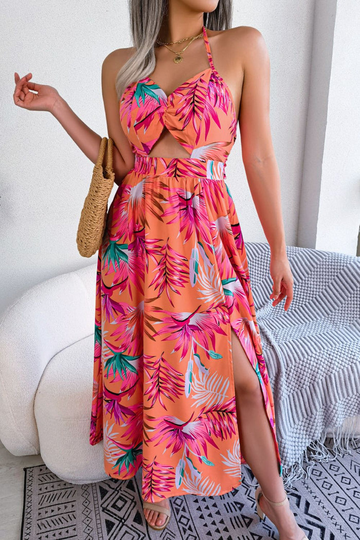 Botanical Print Tied Backless Cutout Slit Dress - Madikfashions.com