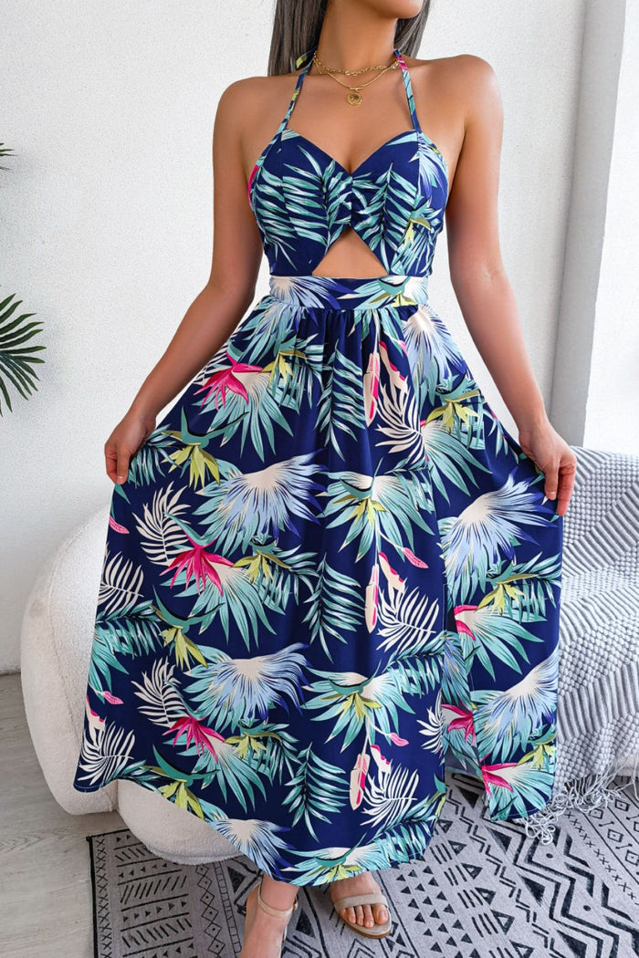 Botanical Print Tied Backless Cutout Slit Dress - Madikfashions.com