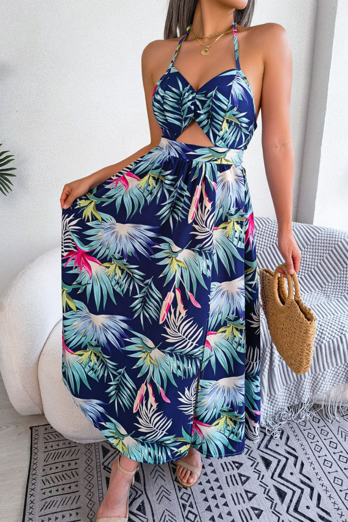 Botanical Print Tied Backless Cutout Slit Dress - Madikfashions.com