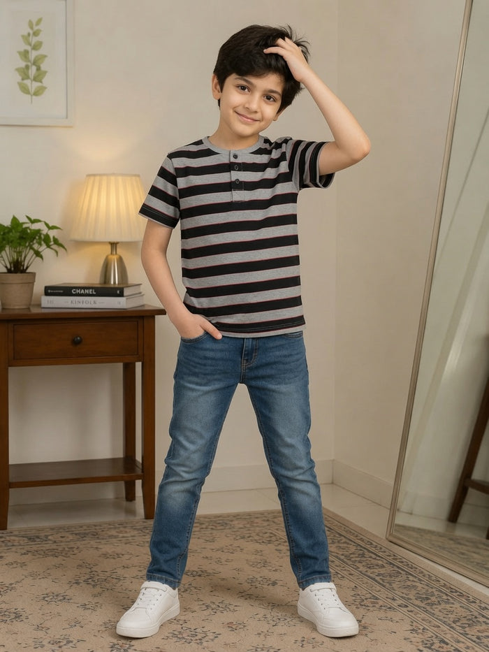Boys Grey & Black Striped Half Sleeve Henley T-Shirt