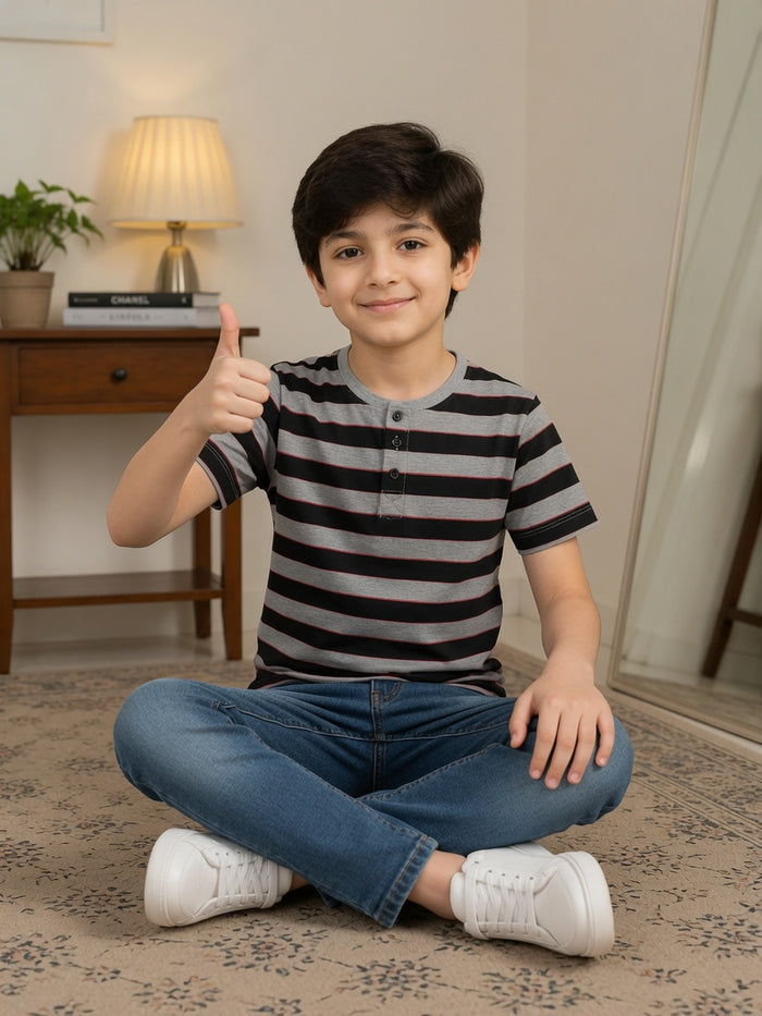 Boys Grey & Black Striped Half Sleeve Henley T-Shirt