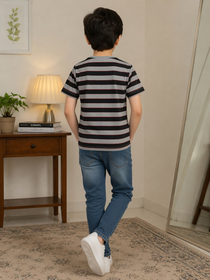 Boys Grey & Black Striped Half Sleeve Henley T-Shirt