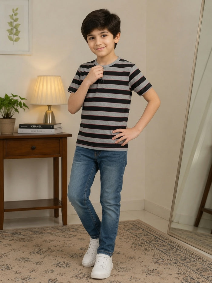 Boys Grey & Black Striped Half Sleeve Henley T-Shirt