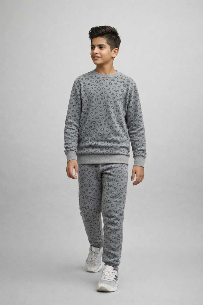 Boys Grey Fleece Lounge Set with All-Over Print - Hinz Clothing