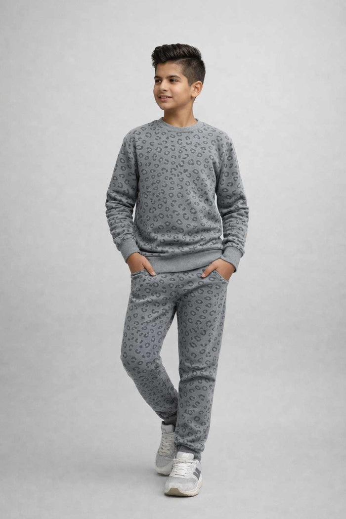 Boys Grey Fleece Lounge Set with All-Over Print - Hinz Clothing