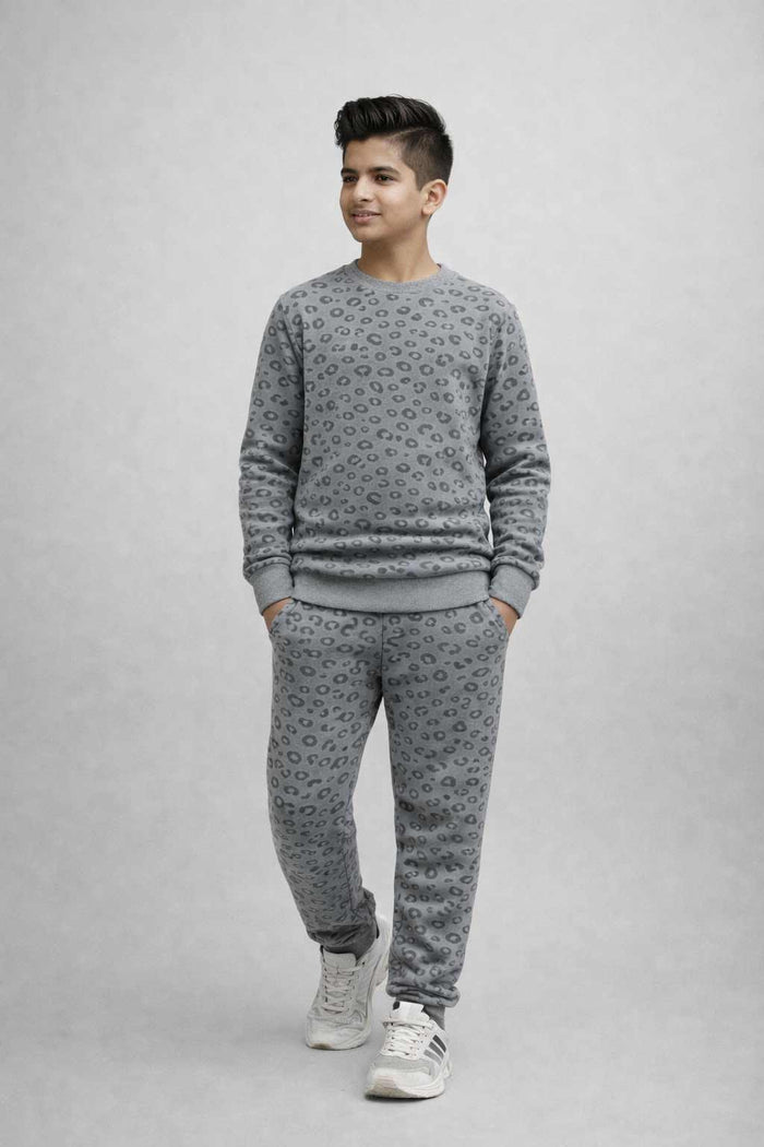 Boys Grey Fleece Lounge Set with All-Over Print - Hinz Clothing