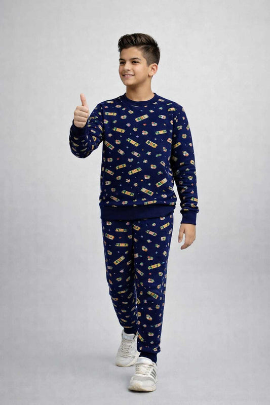 Boys Navy Blue Fleece Lounge Set with All-Over Print - Hinz Clothing