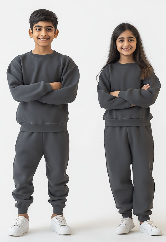 Girls Solid Fleece Tracksuit – Full Sleeve Sweatshirt & Joggers (Charcoal) - Hinz Clothing