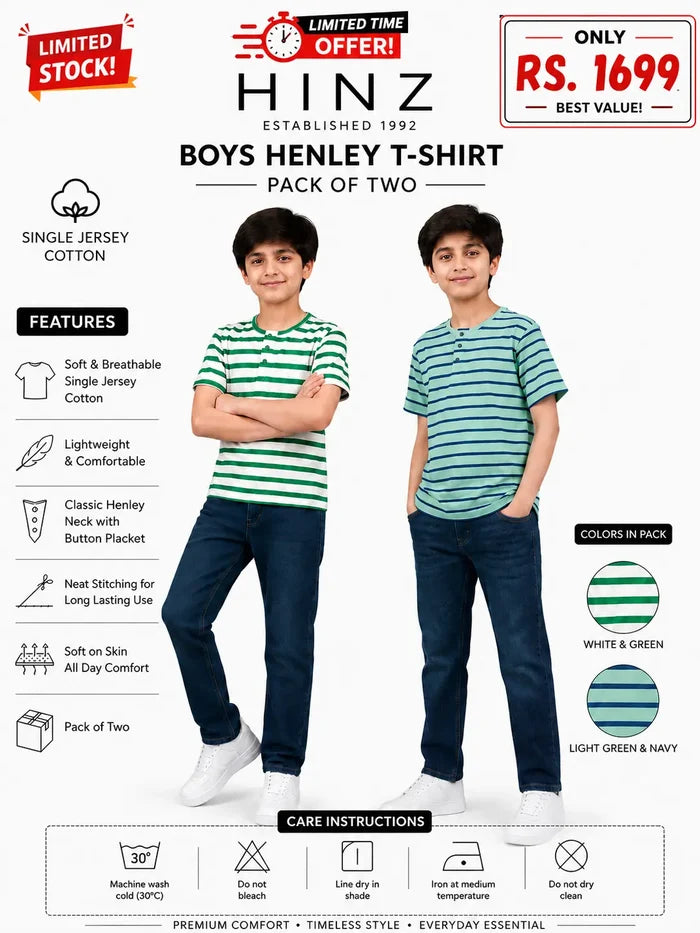 Boys Striped Henley T-Shirt Pack of 2 - Hinz Clothing