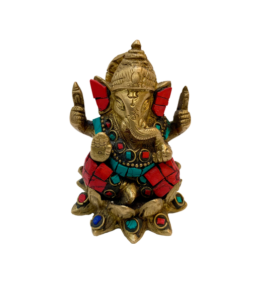 Brass Ganesha Turquoise And Coral Mosaic Statue