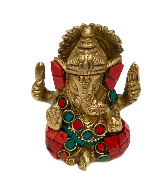 Brass Ganesha Turquoise Coral Mosaic Statue