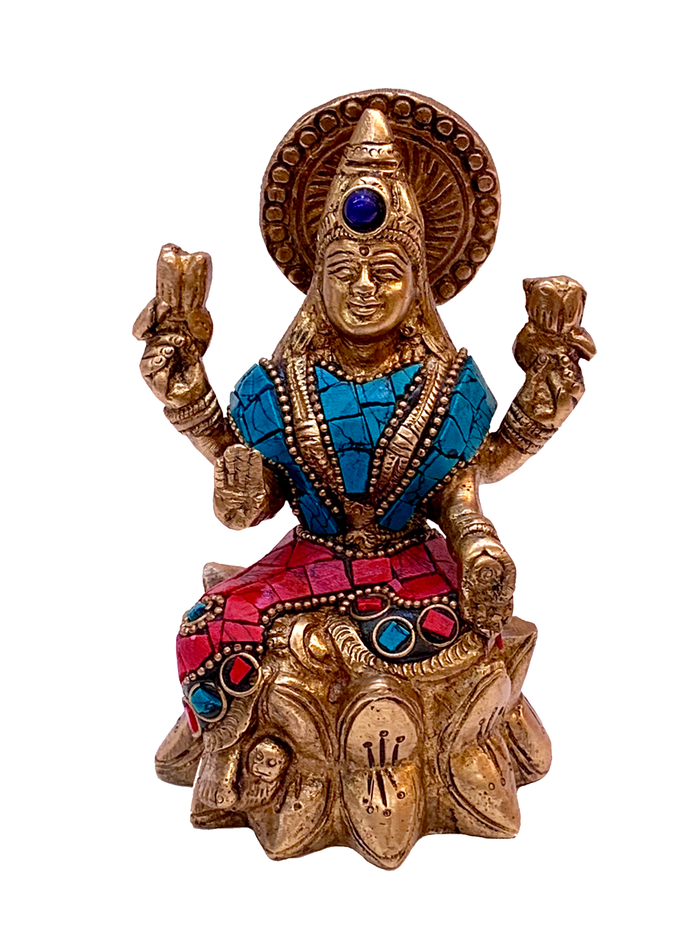 Brass Laxmi Turquoise And Coral Mosaic Statue