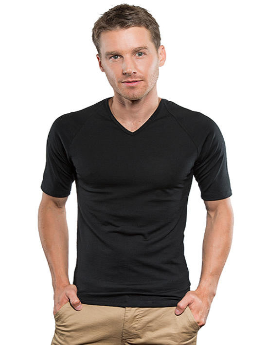 Man wearing Merino short black sleeve thermal top.