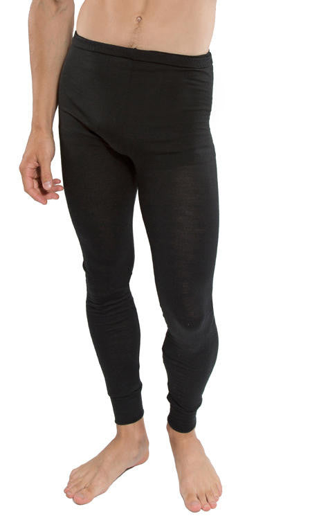 Man wearing Merino black thermal long johns.