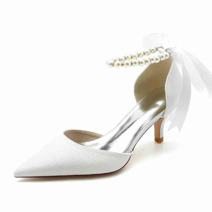 TC bridal ankle strap glitter heels in white with pearl detail and bow for weddings