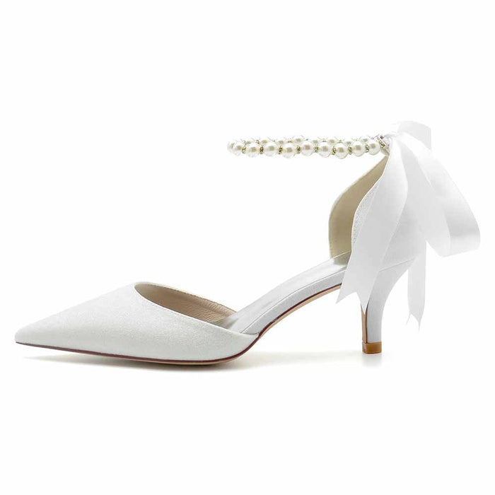 TC bridal ankle strap glitter heels in white with pearl detailing and a stylish bow for weddings