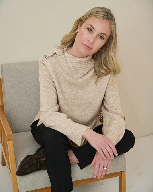 Brooke Split Collar Style Wool Mix Jumper - Stone