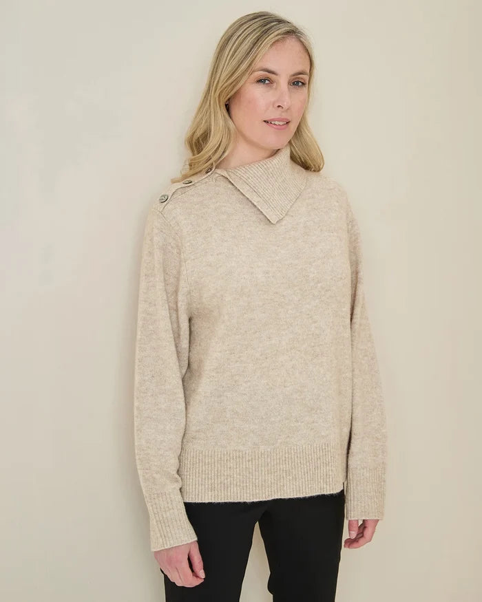 Brooke Split Collar Style Wool Mix Jumper - Stone