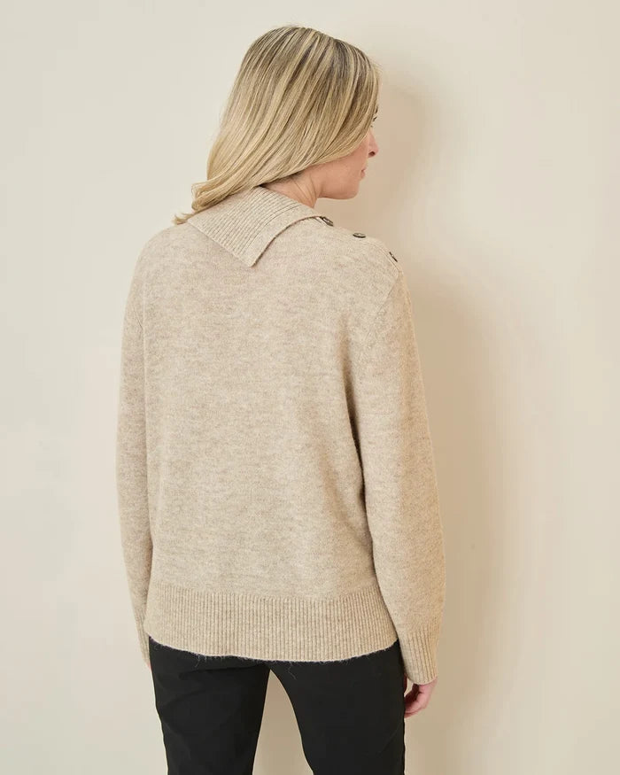 Brooke Split Collar Style Wool Mix Jumper - Stone