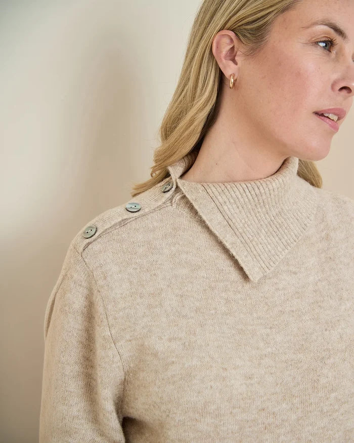 Brooke Split Collar Style Wool Mix Jumper - Stone