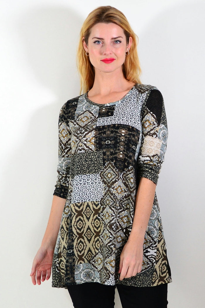 Brown abstract print fleece tunic top by Hourglass Avalon, featuring a cozy, stylish design with a relaxed fit and artistic pattern.
