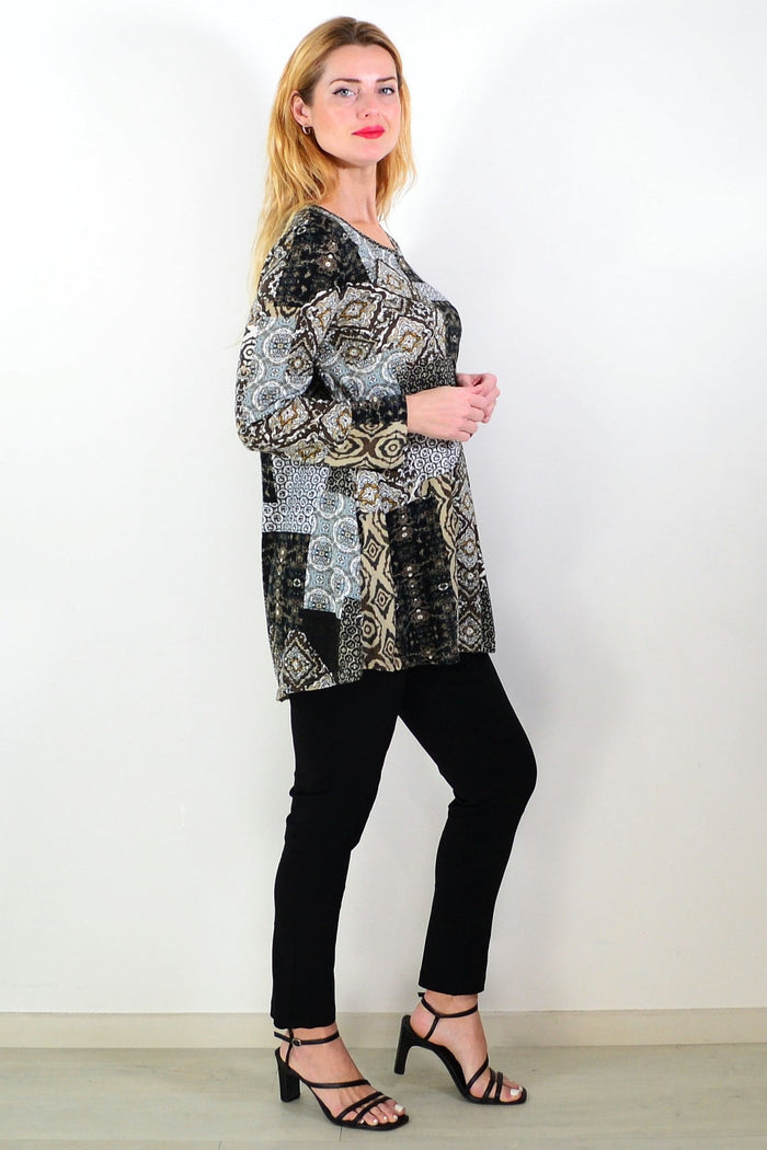 Brown abstract print fleece tunic top by Hourglass Avalon, featuring a cozy, stylish design with a relaxed fit.