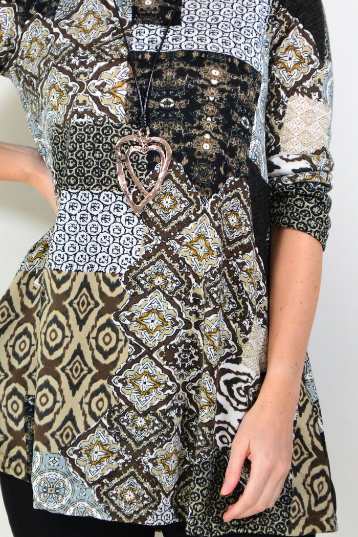 Brown abstract print fleece tunic top by Hourglass Avalon, featuring a cozy, relaxed fit and stylish design.