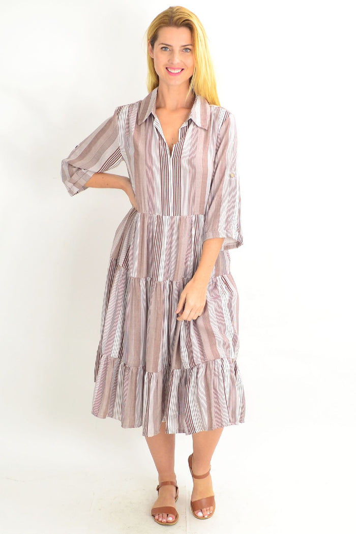 Brown Classic Strip Collar Tunic Dress by Willow Tree, featuring a stylish striped design and collar details.