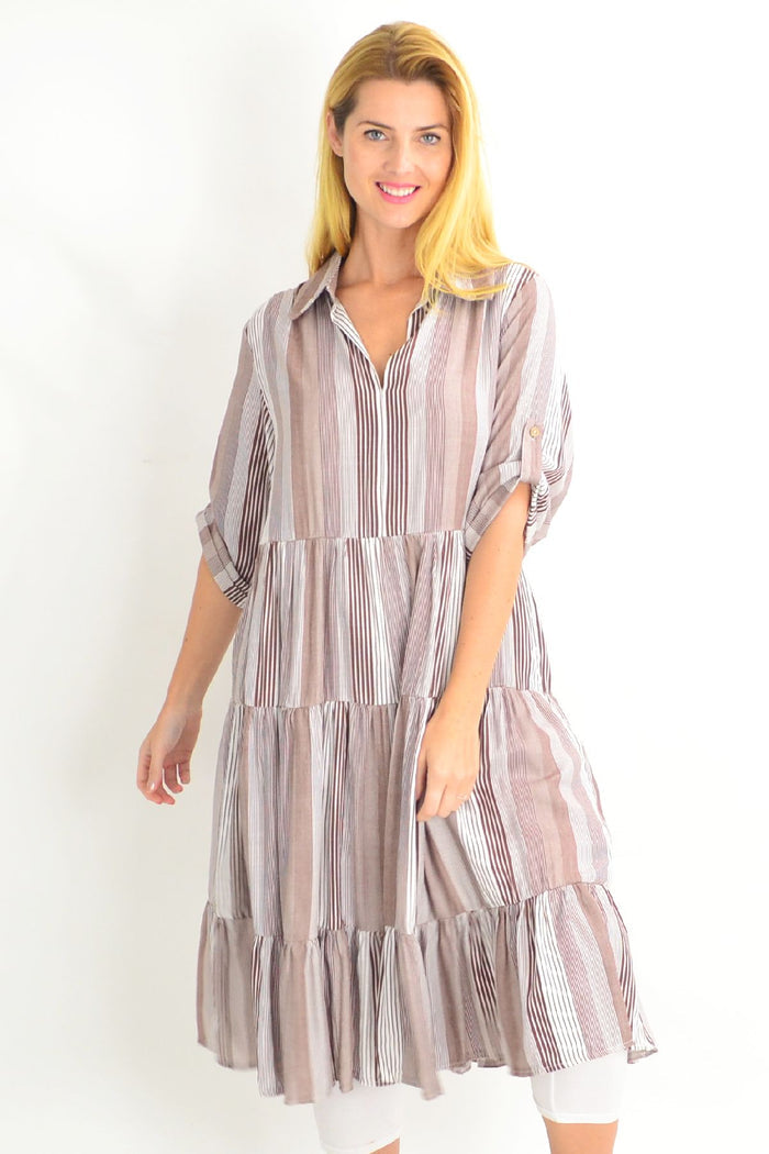 Willow Tree brown classic strip collar tunic dress with long sleeves and a relaxed fit, displayed on a hanger.