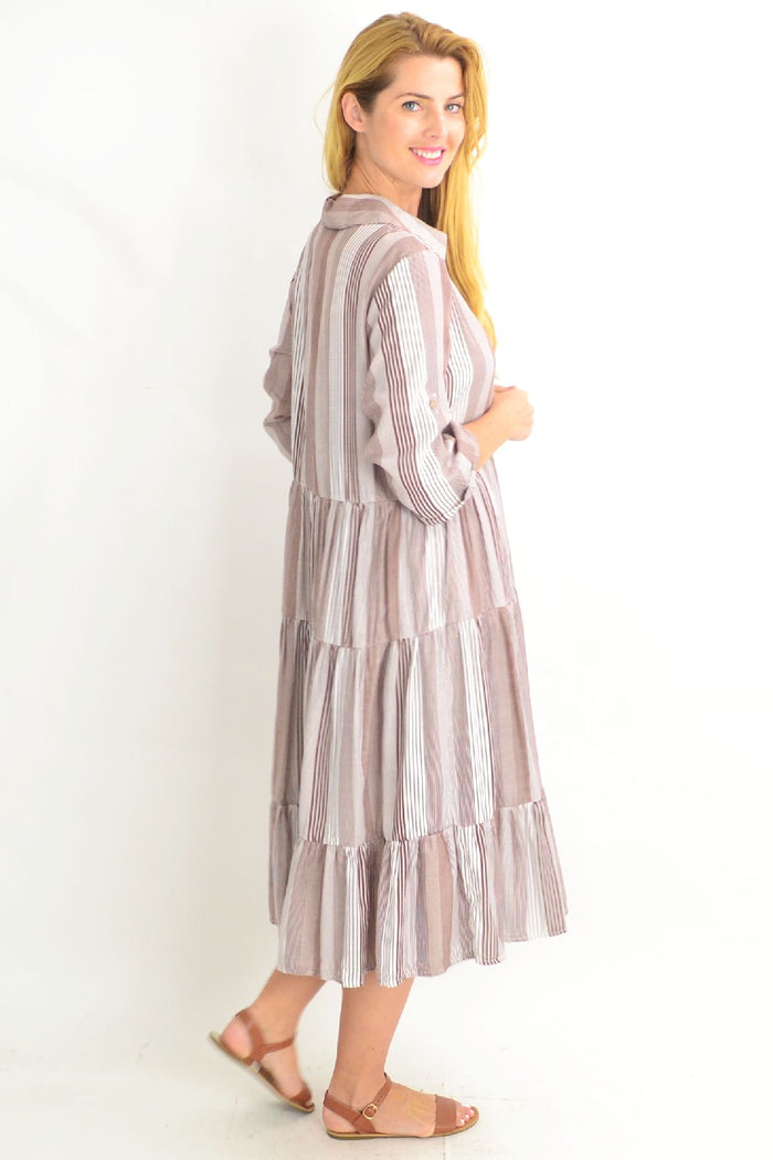 Brown classic striped collar tunic dress by Willow Tree, featuring a relaxed fit and stylish design, perfect for casual wear.