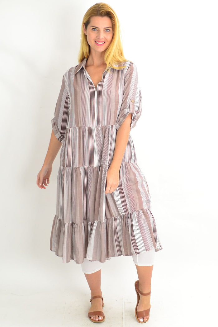 Willow Tree brown classic strip collar tunic dress hanging on a wooden hanger with a striped pattern and collar detail.