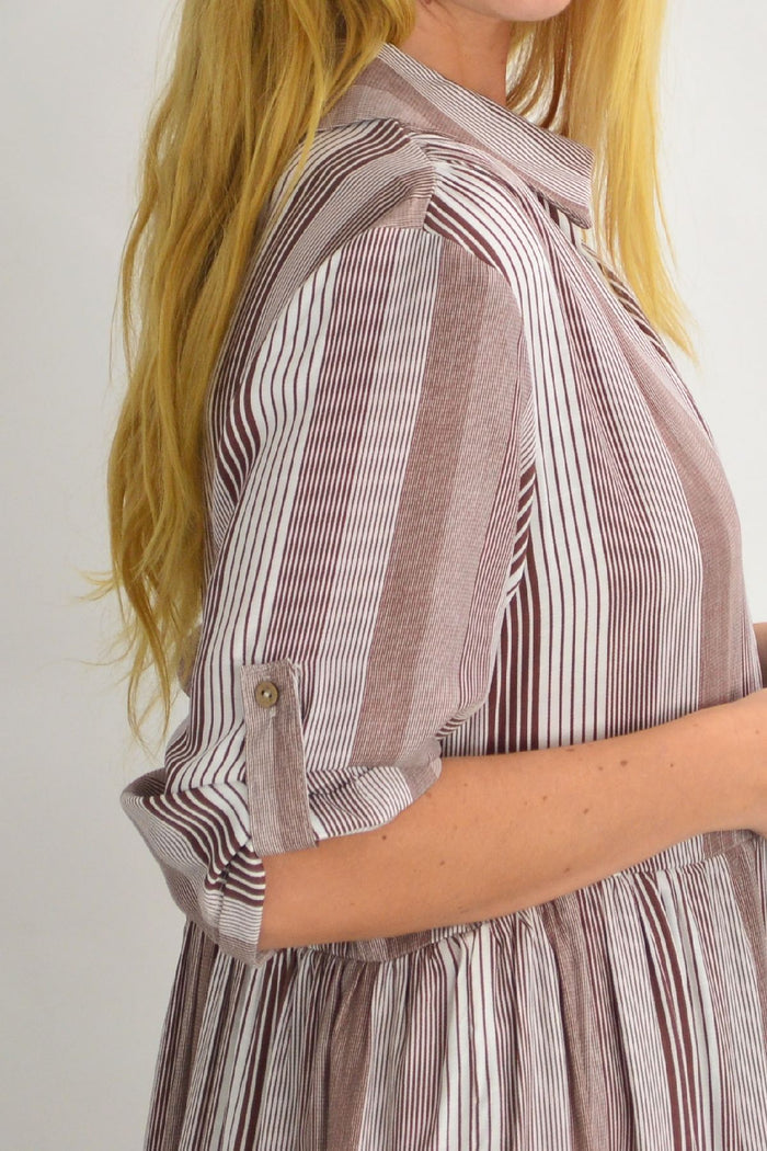 Brown classic striped collar tunic dress by Willow Tree, featuring a relaxed fit and button-up front, styled with long sleeves.